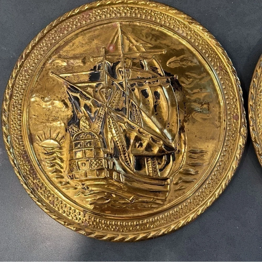 Vintage set 2 brass foil ship plaques Made in England